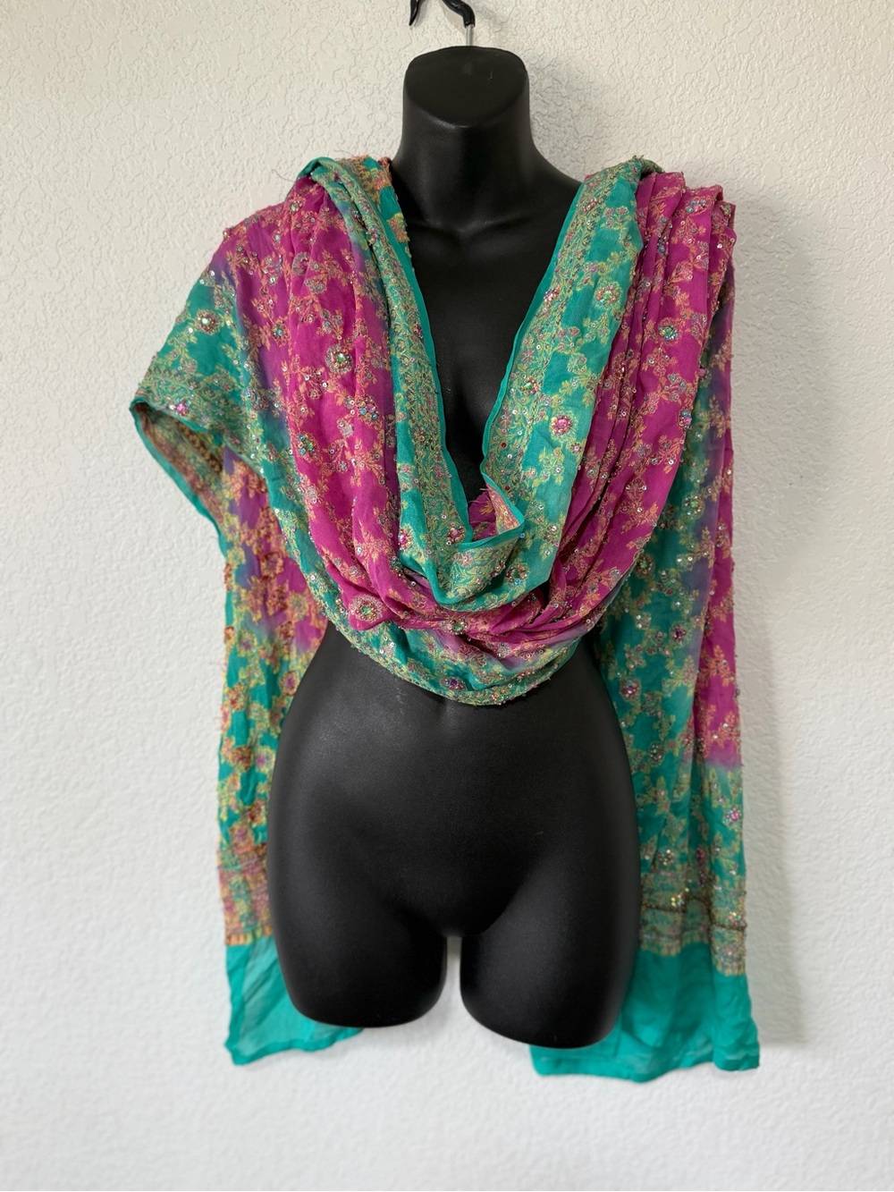 Vibrant Pink & Teal Embroidered Women's Scarf Wrap